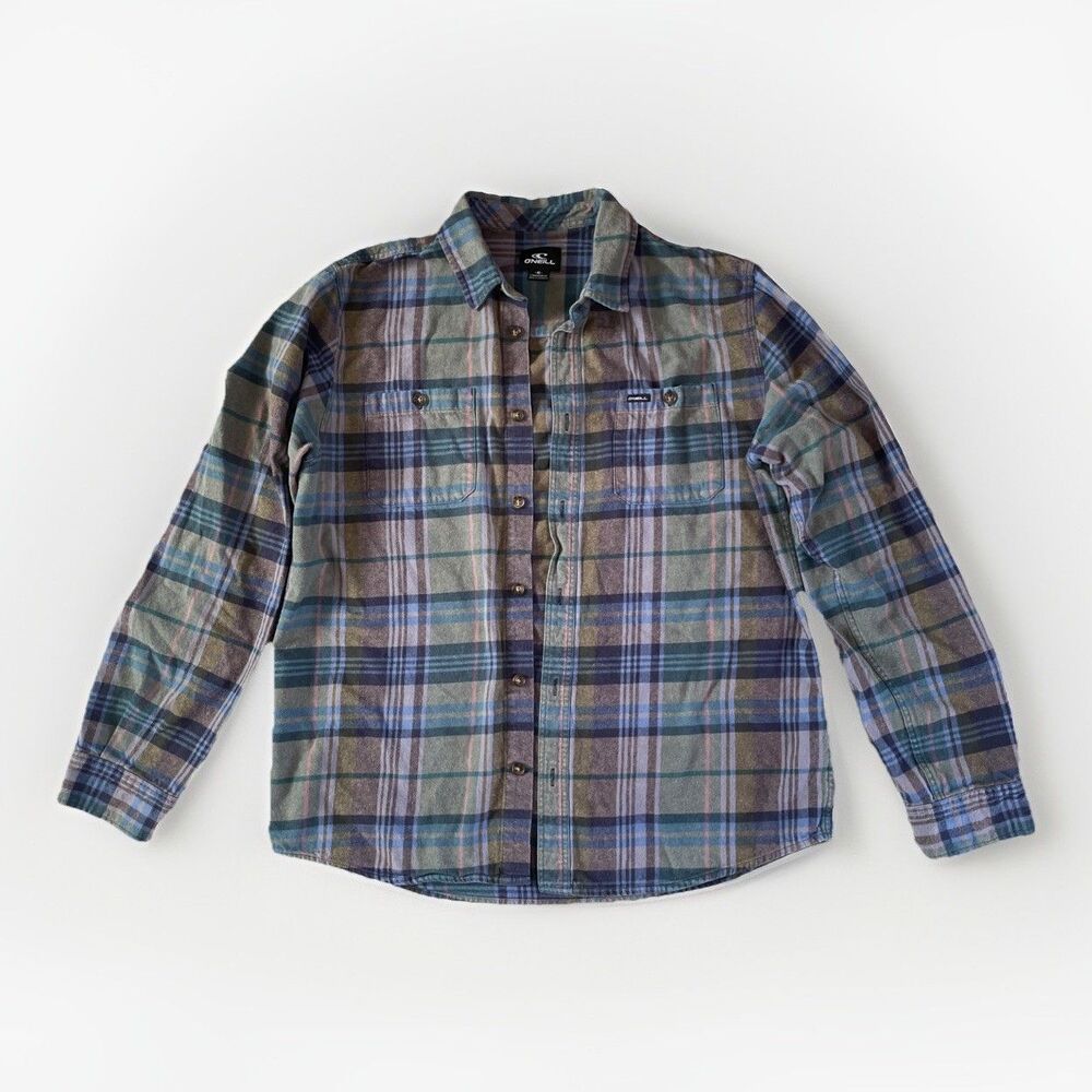 Y2K Oneill Flannel Shirt‎ Men M Blue Green Plaid Skate Surf Casual Button